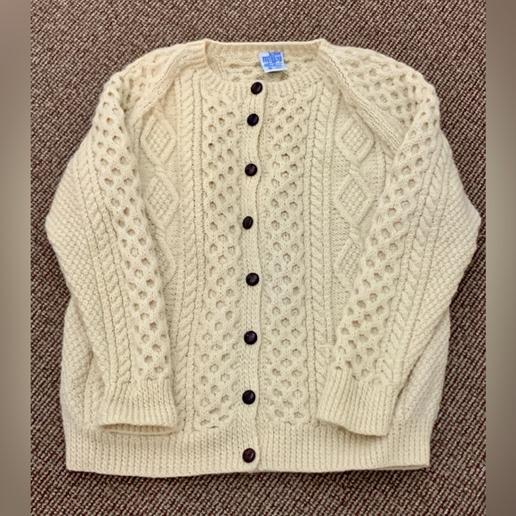 Vtg Men's Unisex L/XL Hand Knit 100% Wool Irish Fisherman's Cardigan Sweater - Picture 1 of 16